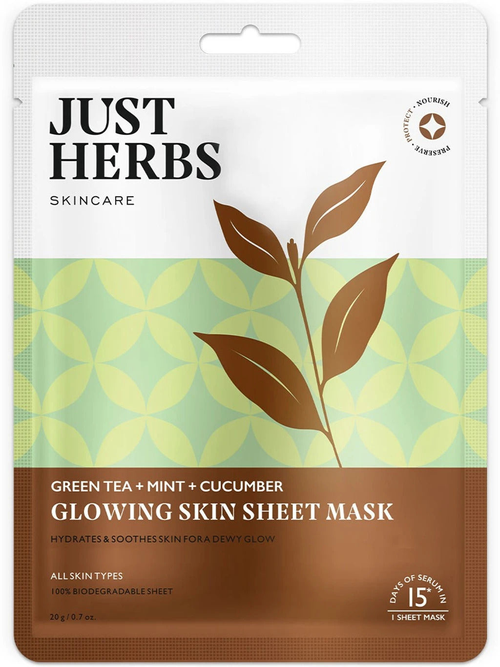 Just Herbs Sheet Mask Glowing Skin Serum Masks, 20g (Green Tea, Mint, Cucumber)