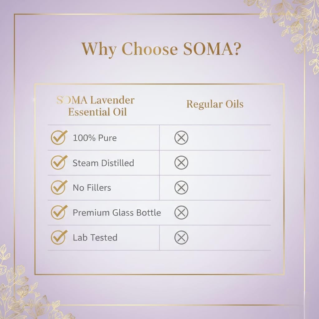 SOMA Lavender Essential Oil for Aromatherapy, Stress Relief, Hair Care, Skin Massage, 100% Pure and Steam Distilled