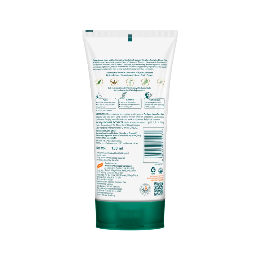 Himalaya Purifying Neem Face Wash | Soap-Free Daily Cleanser for Acne-Prone Skin | Paraben & Phthalates Free | 150ml