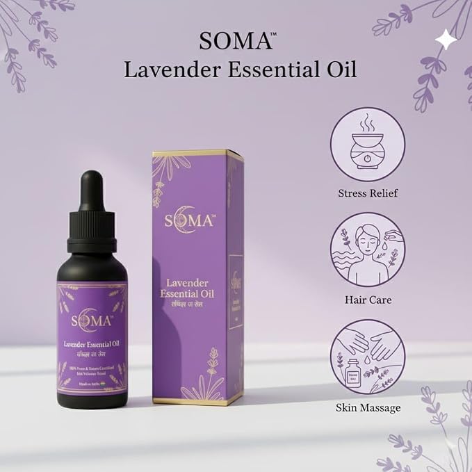 SOMA Lavender Essential Oil for Aromatherapy, Stress Relief, Hair Care, Skin Massage, 100% Pure and Steam Distilled