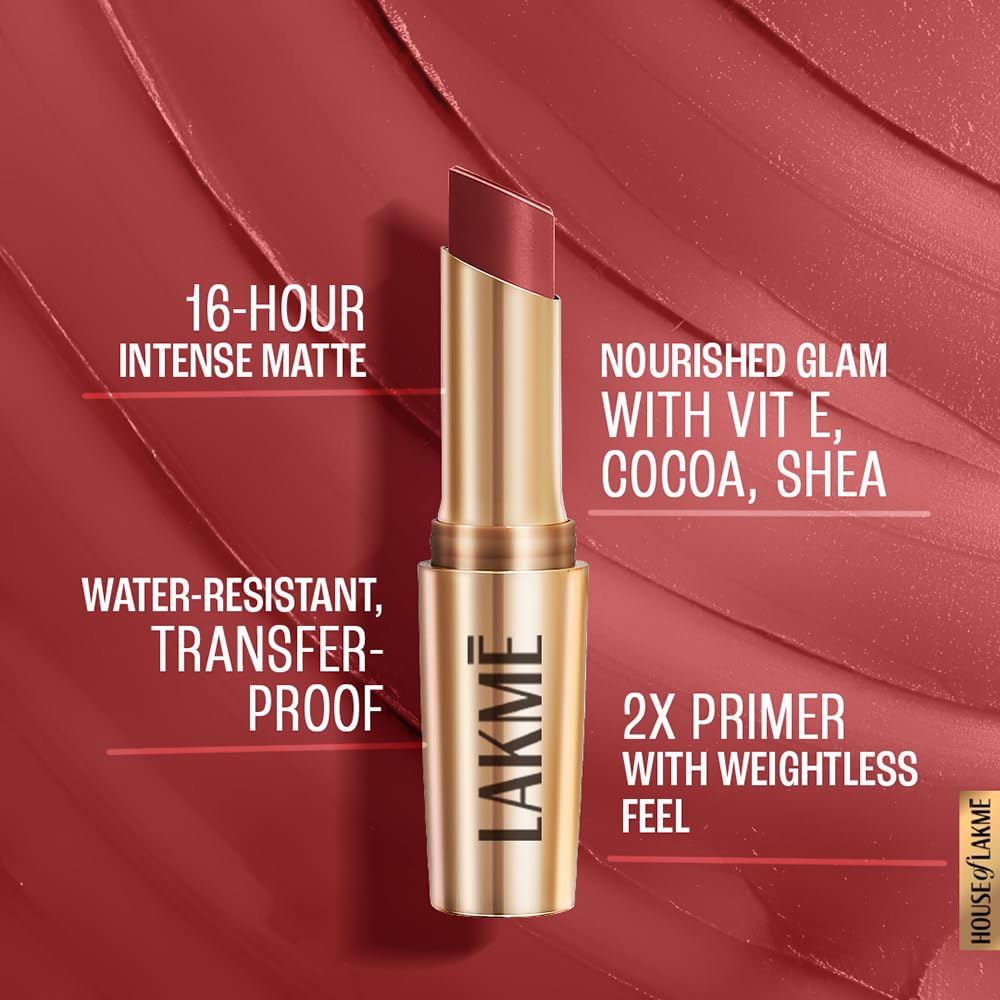Lakmé Powerplay Priming Matte Lipstick 3.6g – Roseatte Red | Lightweight, Smudge-Resistant Matte Lipstick | Long-Lasting Lip Color