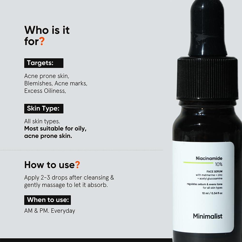 Minimalist 10% Niacinamide Serum with Zinc – Oil Control, Blemish Care & Pore Appearance | Vitamin B3 Serum for Oily & Acne-Prone Skin | 10 ml