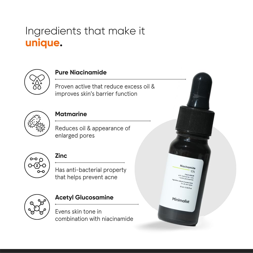 Minimalist 10% Niacinamide Serum with Zinc – Oil Control, Blemish Care & Pore Appearance | Vitamin B3 Serum for Oily & Acne-Prone Skin | 10 ml