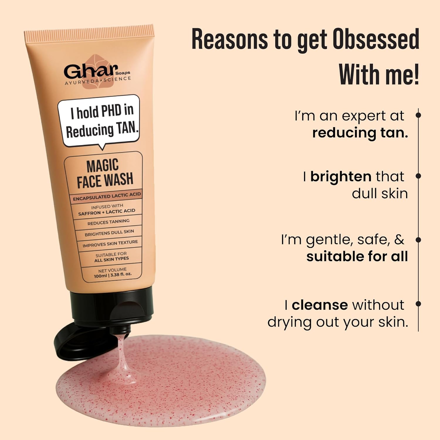 Ghar Soaps De-Tan Face Wash 100ml | Sandalwood, Saffron, Coconut Oil & Goat Milk | Tan Removal & Skin Brightening Face Cleanser