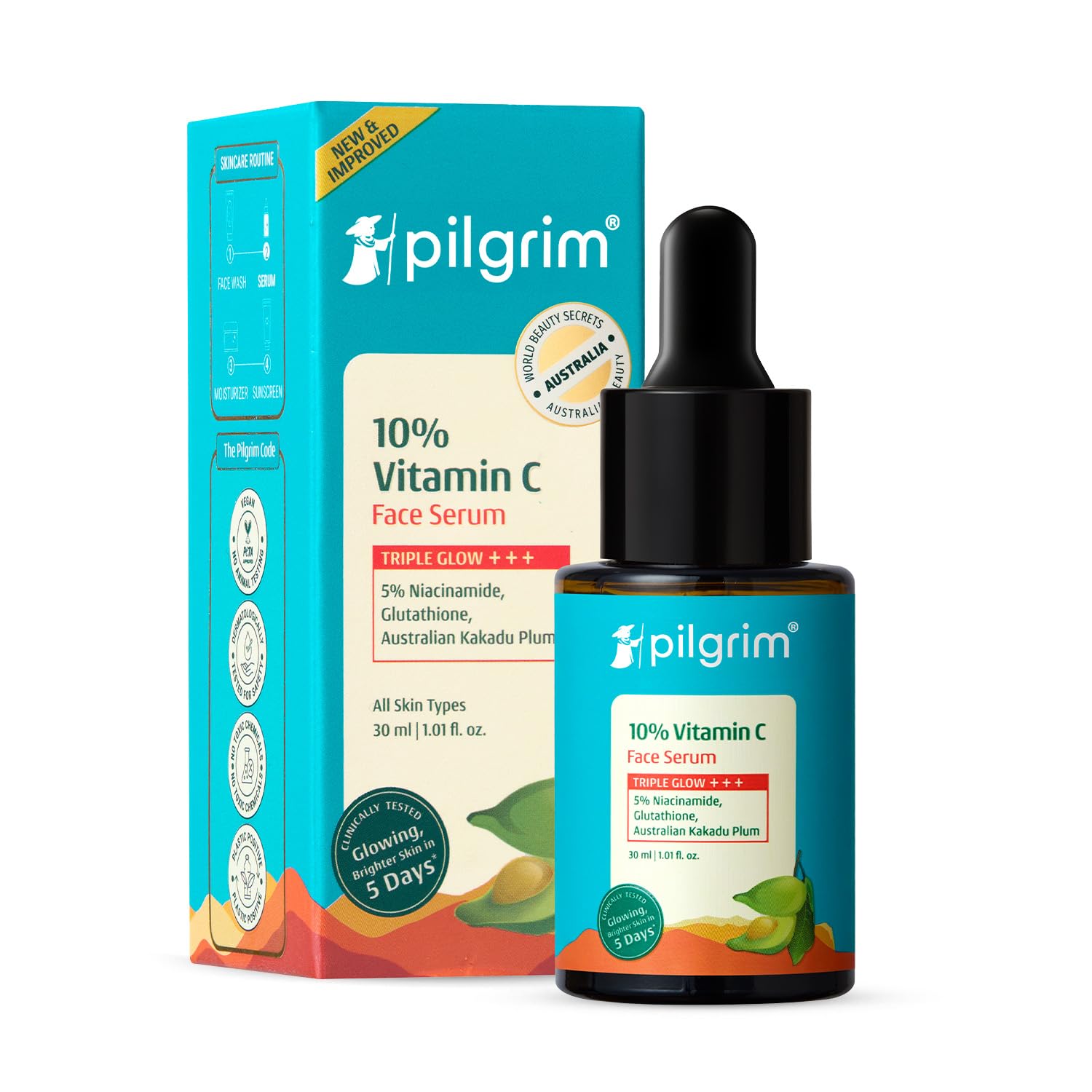 Pilgrim 10% Vitamin C Face Serum 30ml | 5% Niacinamide, Hyaluronic Acid & Glycolic Acid | Brightening Serum for All Skin Types
