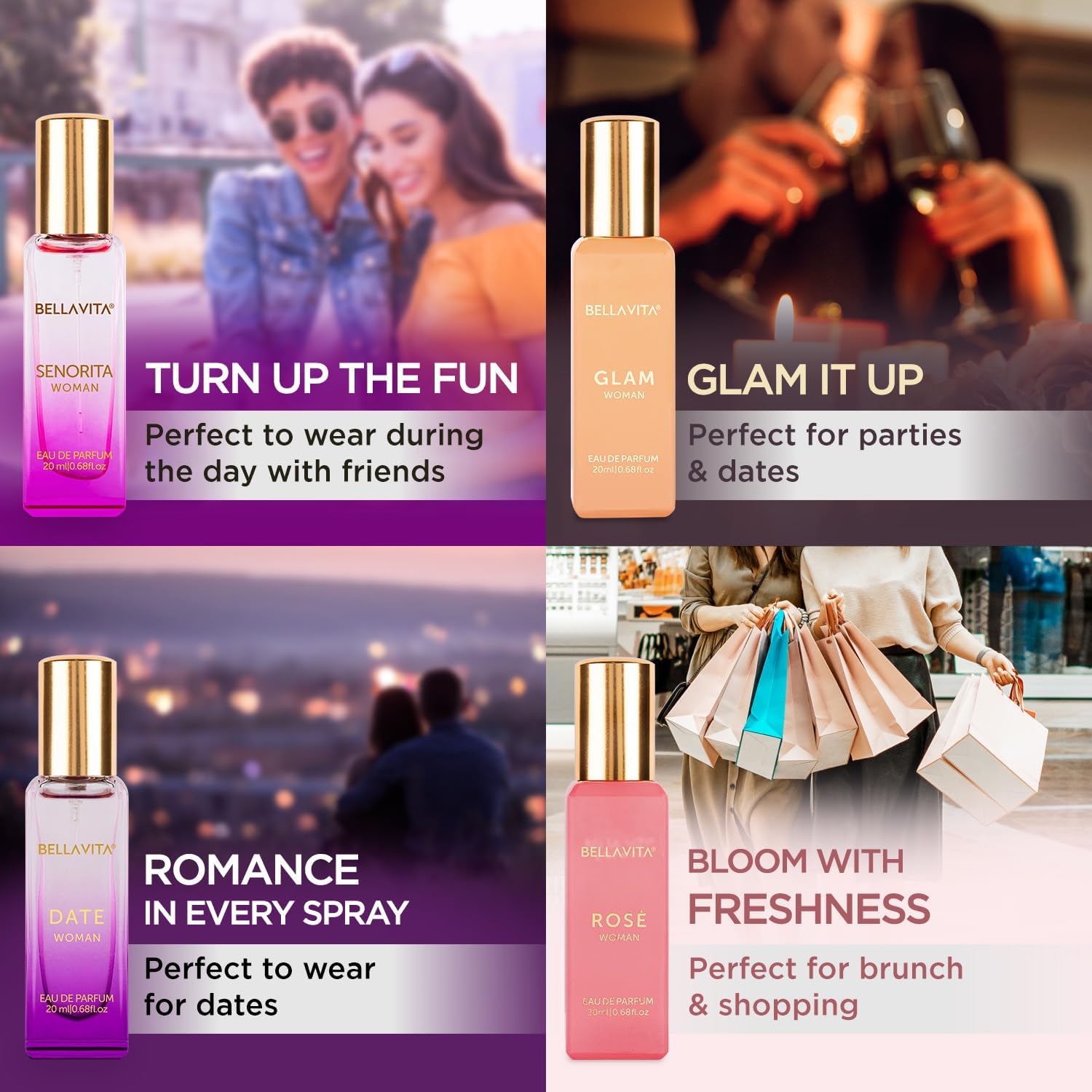 Bella Vita Luxury Perfume Gift Set for Women 4 x 20ml | Date, Senorita, Glam & Rose Eau de Parfum | Floral & Fruity Fragrance Collection