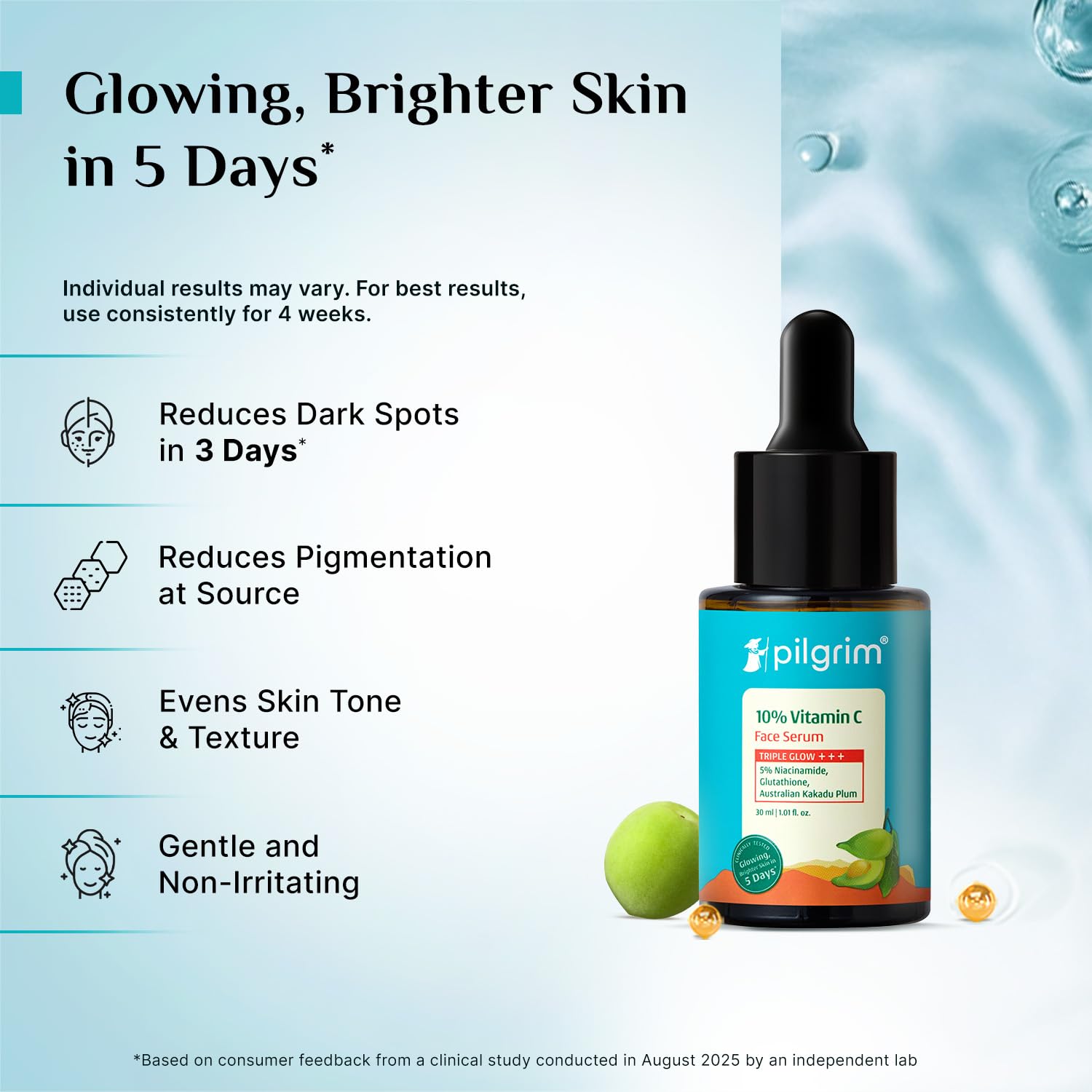 Pilgrim 10% Vitamin C Face Serum 30ml | 5% Niacinamide, Hyaluronic Acid & Glycolic Acid | Brightening Serum for All Skin Types