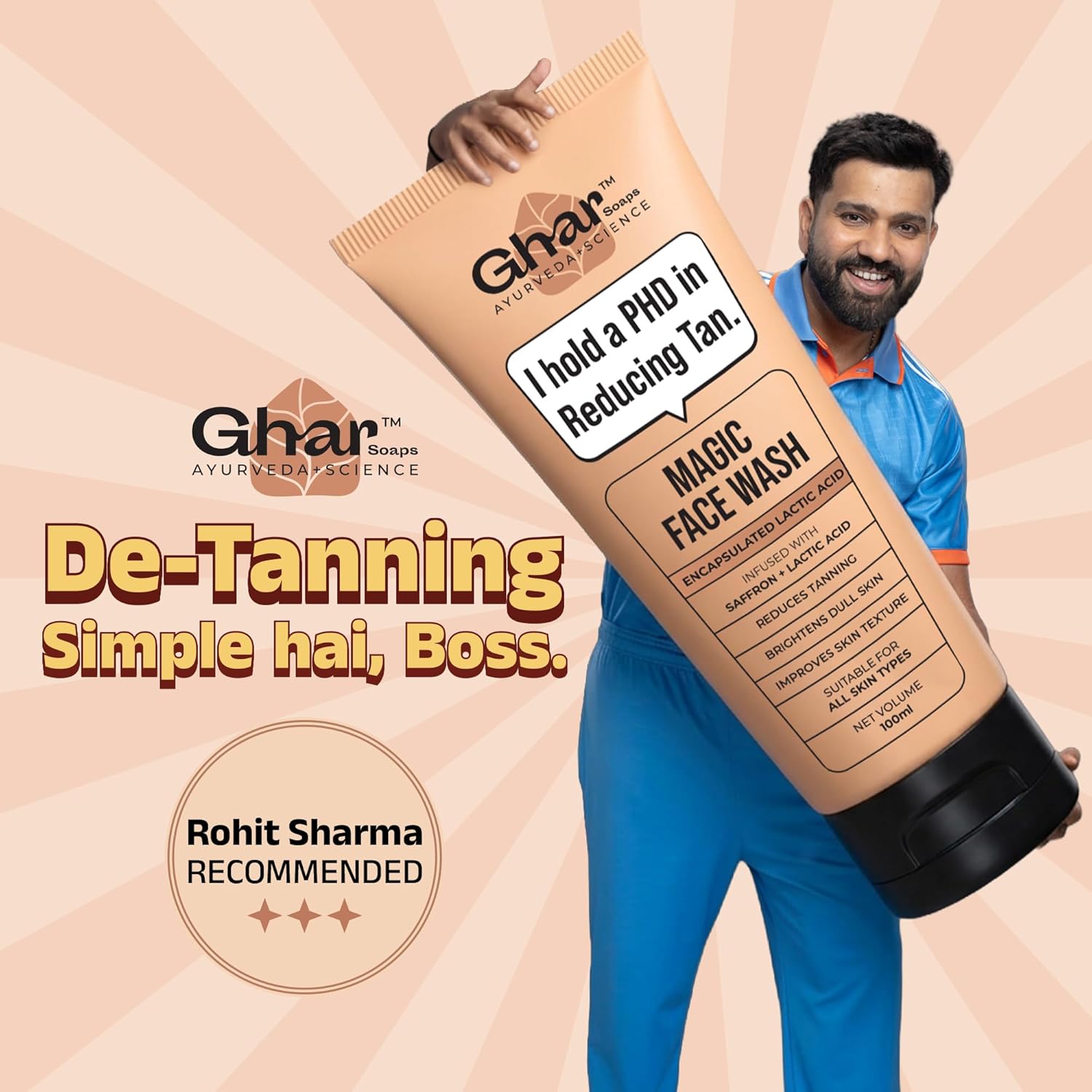 Ghar Soaps De-Tan Face Wash 100ml | Sandalwood, Saffron, Coconut Oil & Goat Milk | Tan Removal & Skin Brightening Face Cleanser