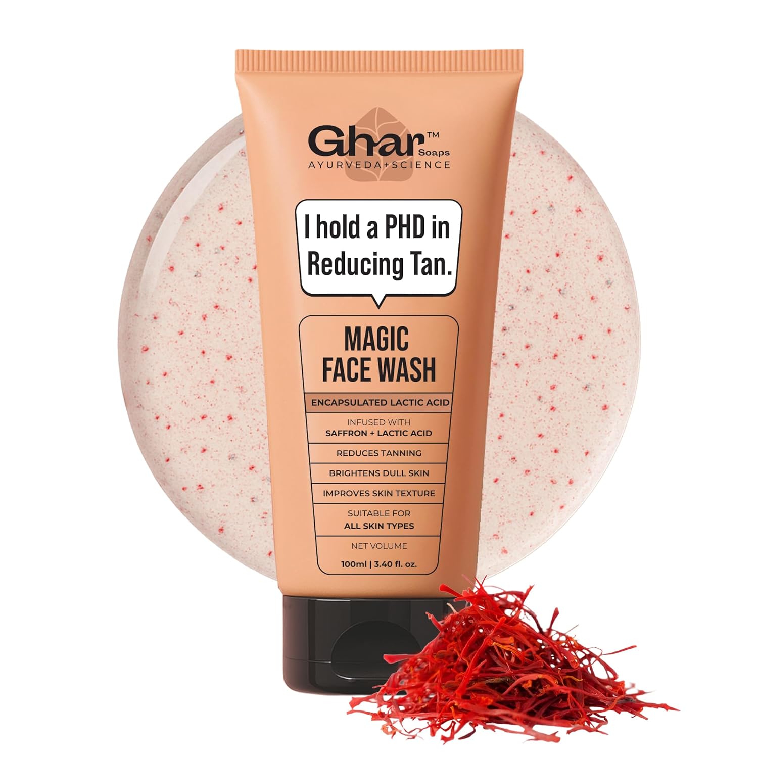 Ghar Soaps De-Tan Face Wash 100ml | Sandalwood, Saffron, Coconut Oil & Goat Milk | Tan Removal & Skin Brightening Face Cleanser