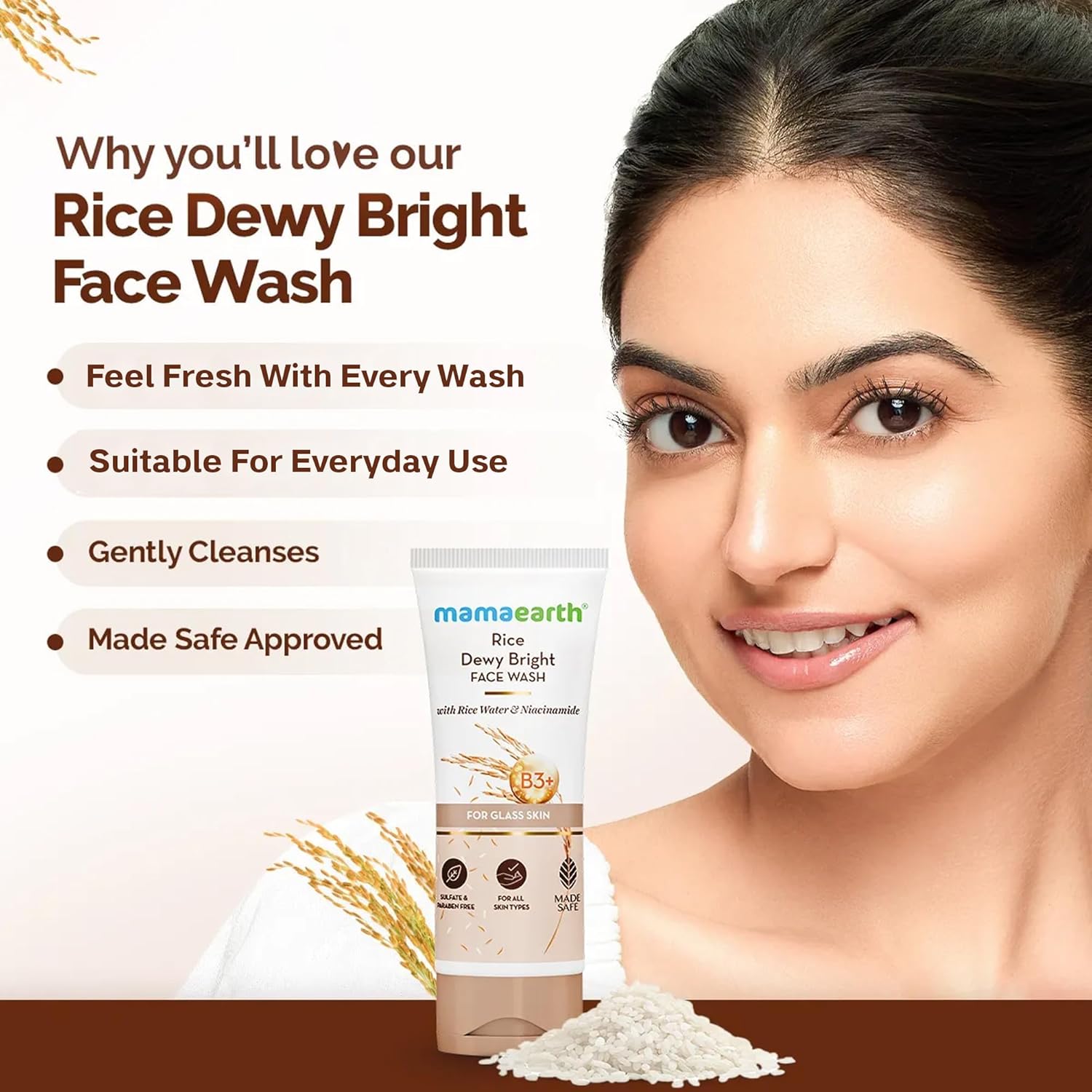 Mamaearth Rice Dewy Bright Face Wash with Rice Water & Niacinamide – Hydrating & Brightening Facial Cleanser for Even-Looking Skin | For All Skin Types | 100 ml