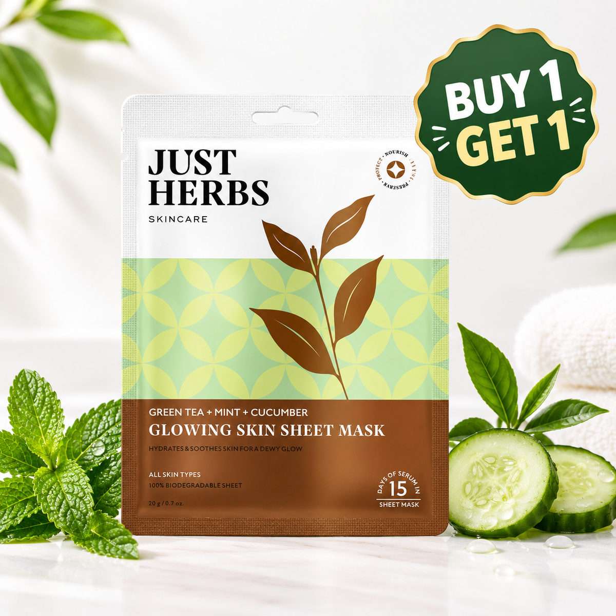 Just Herbs Sheet Mask Glowing Skin Serum Masks, 20g (Green Tea, Mint, Cucumber)