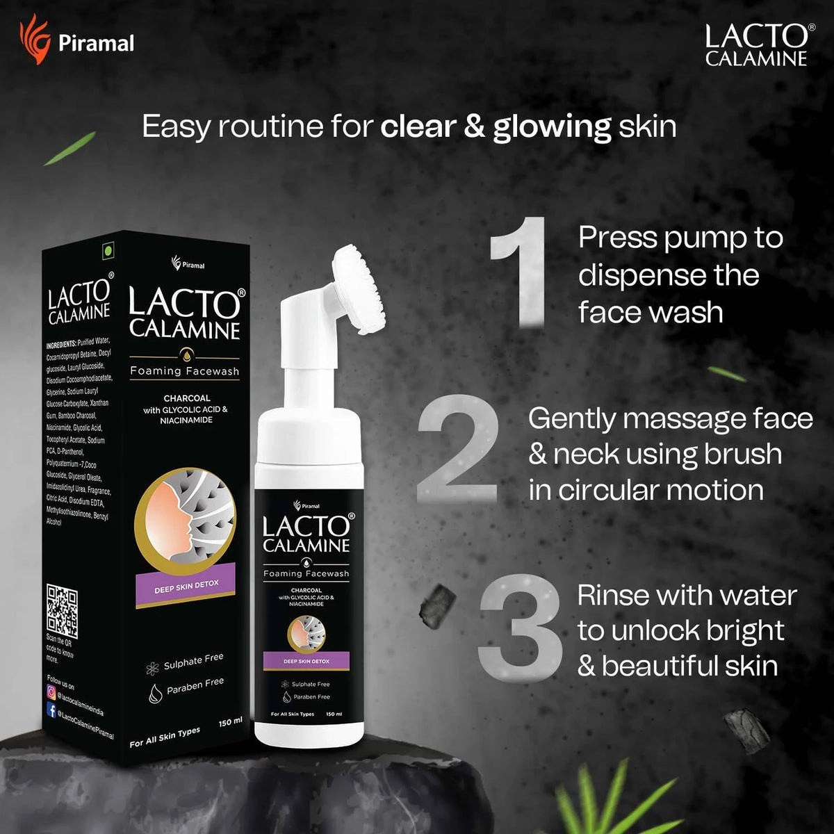 Lacto Calamine Charcoal Foaming Face Wash (150 ml)
